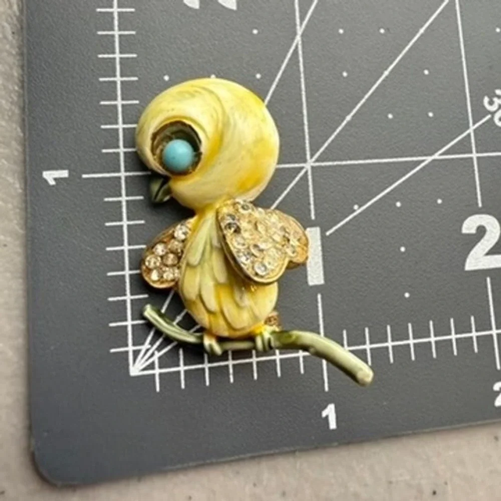 HAR Vintage Enamel Rhinestone Bird Brooch Turquoise Eye Yellow Chick Figural Pin